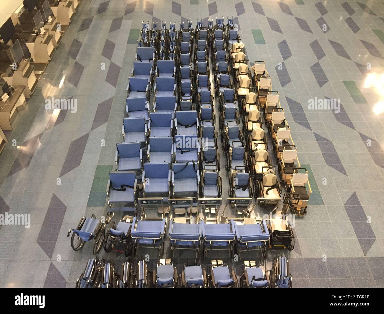 Rows of empty airport luggage carts Stock Photo