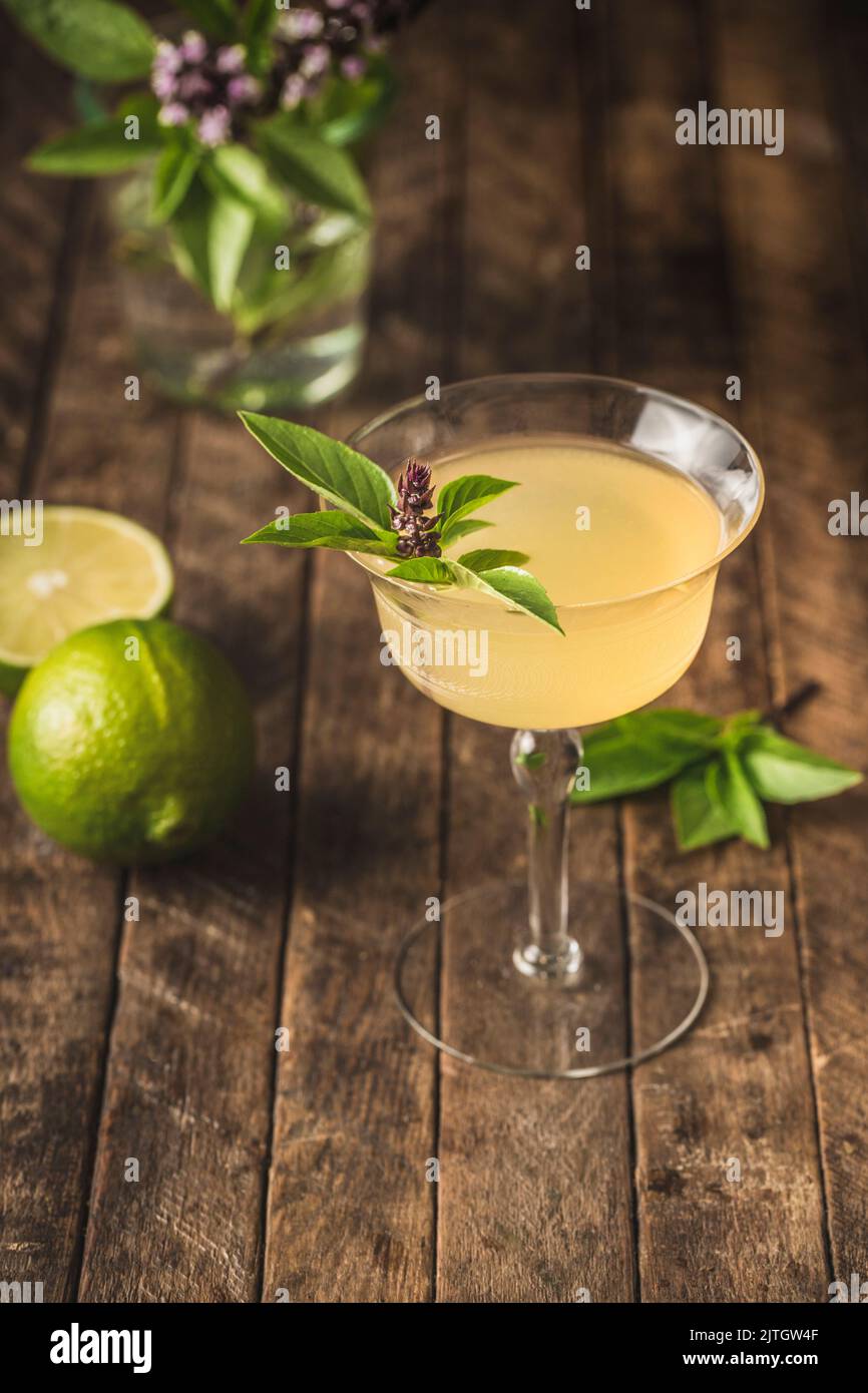 Vodka Cocktail in vintage glass with Thai Basil Garnish, Lime and herbs