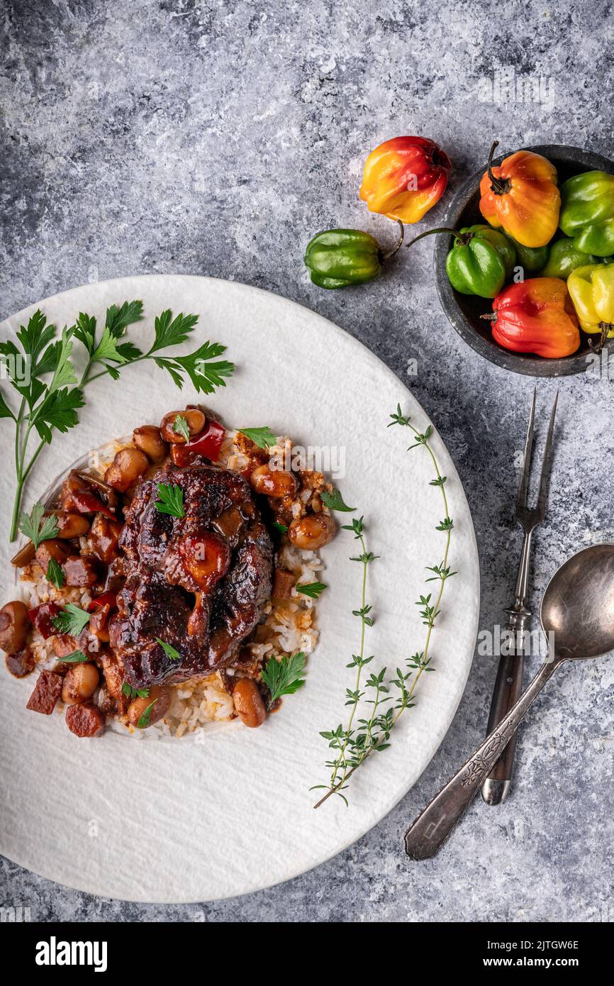 Oxtail with bone, sauce and rice on white plate with herb garnish and peppers in bowl Stock Photo