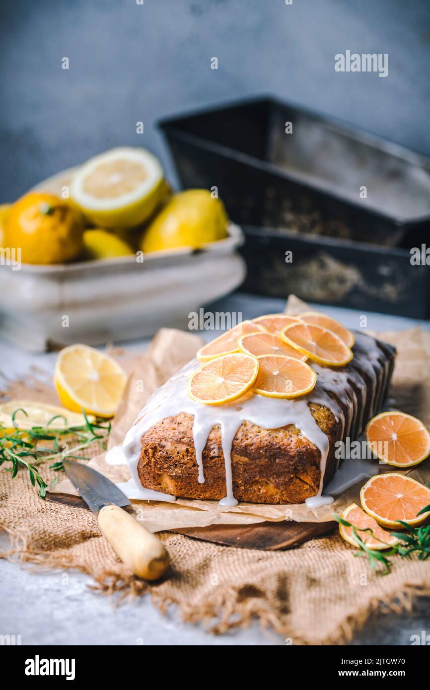 Lemon loaf poundcake topped with sliced pink lemons, loaf tins and
