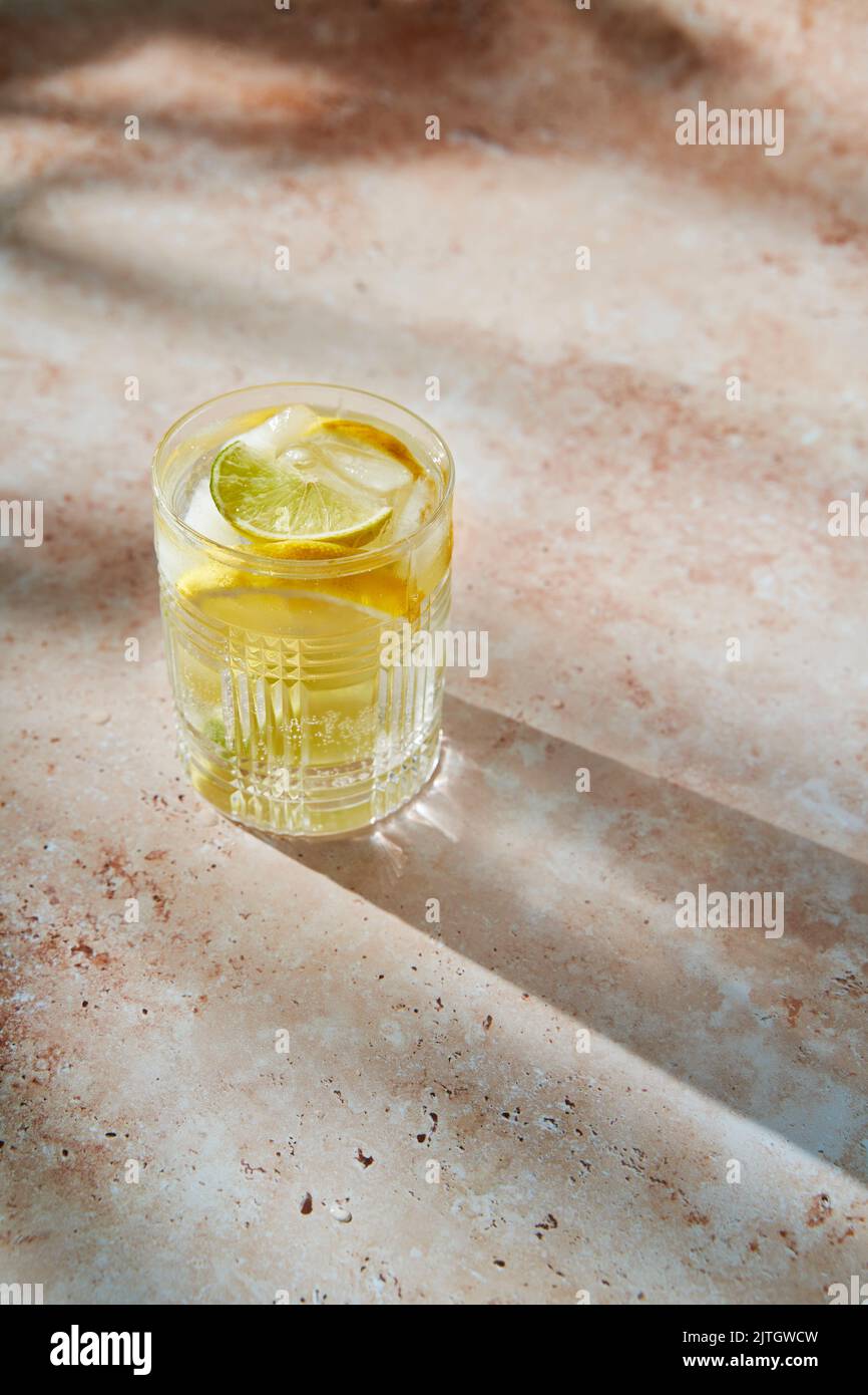 Lemon Lime Sparkling Water Drink in sunlight Stock Photo