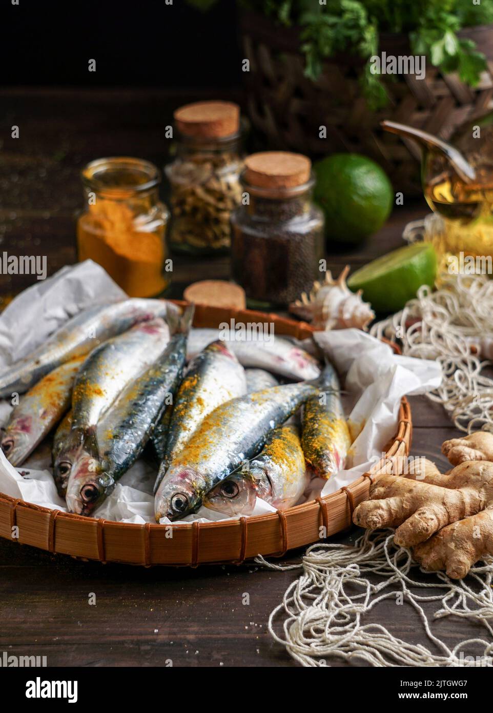 fresh fish and spices for curry preparation. Indian oriental cuisine Stock Photo Alamy