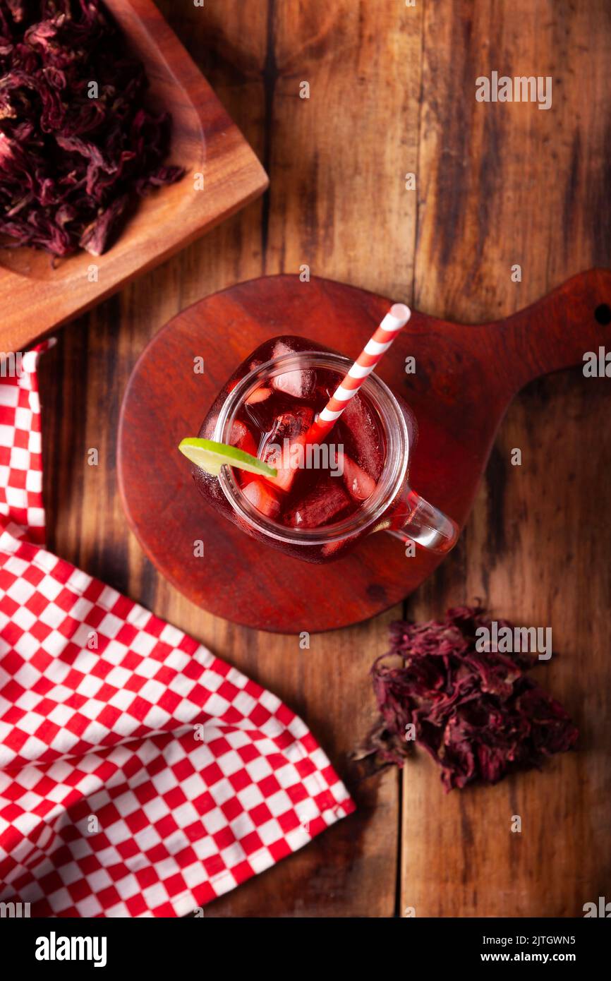 Agua de jamaica. Ibiscus tea made as an infusion from roselle flower