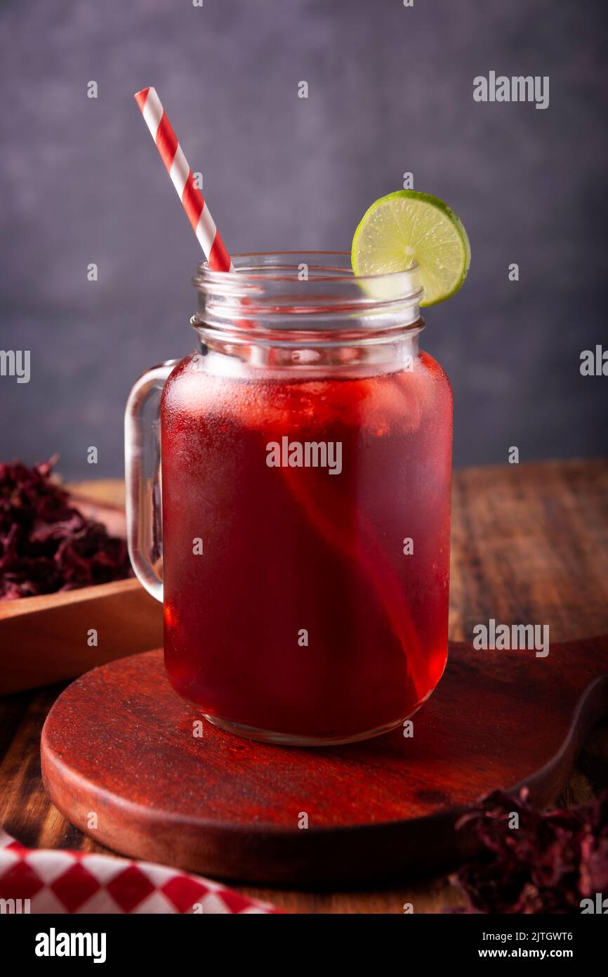 Agua de jamaica. Ibiscus tea made as an infusion from roselle flower