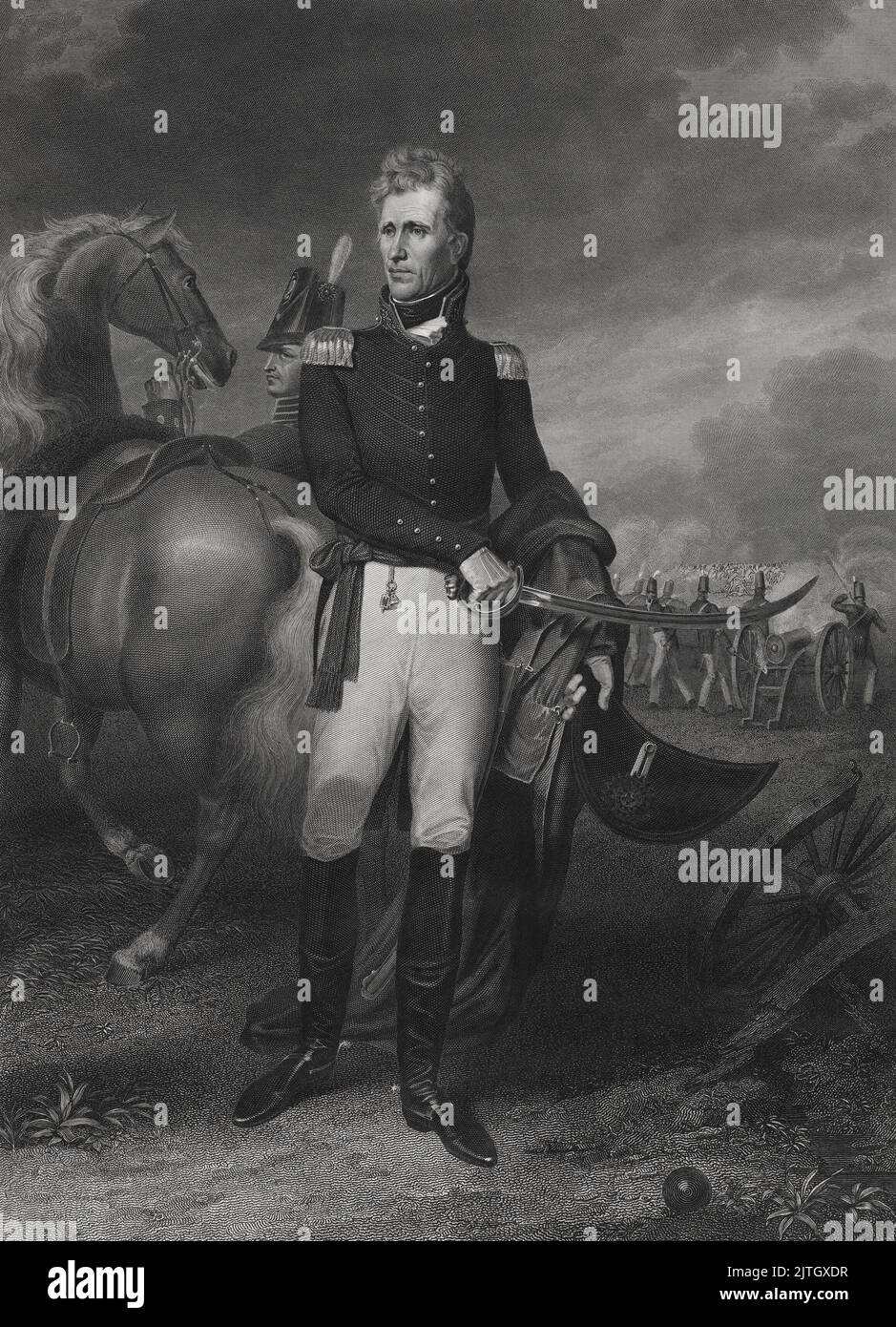 A engraving of Andrew Jackson, who was the seventh president of the USA,  at the Battle of New Orleans on 8th Jan 1815. The painting is by John Vanderlyn. Stock Photo