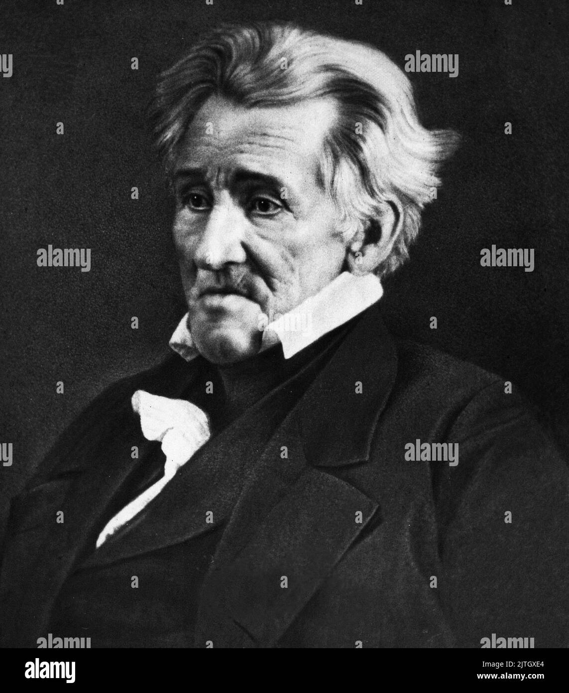 A mezzotint fromr a daguerreotype of Andrew Jackson by Mathew Brady, April 15, 1845. Andrew Jackson was the seventh president of the USA. In this photo he was 78. Stock Photo