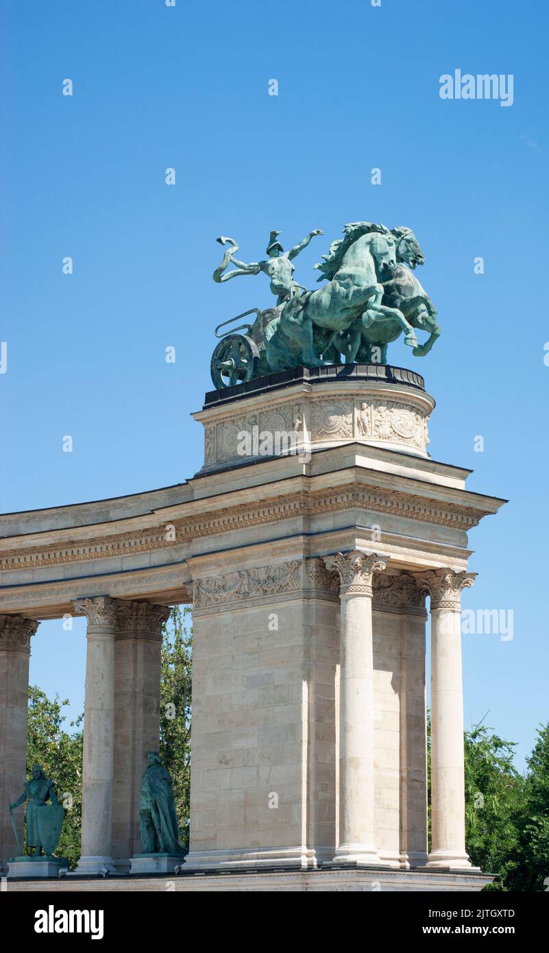 Monument in Heroes Square near Parliament House in Budapest show large