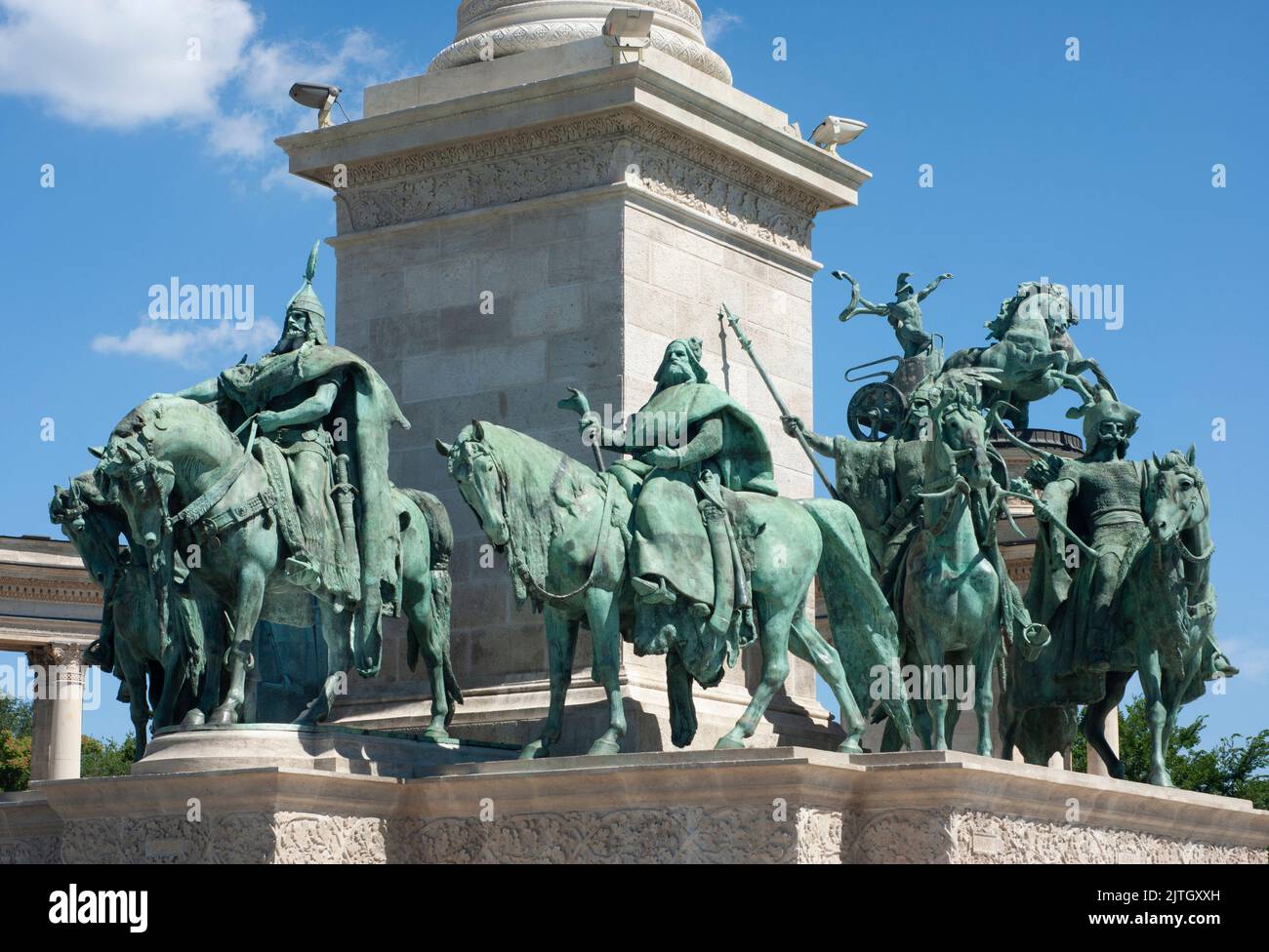 Monuments in Heroes Square near Parliament House in Budapest show large