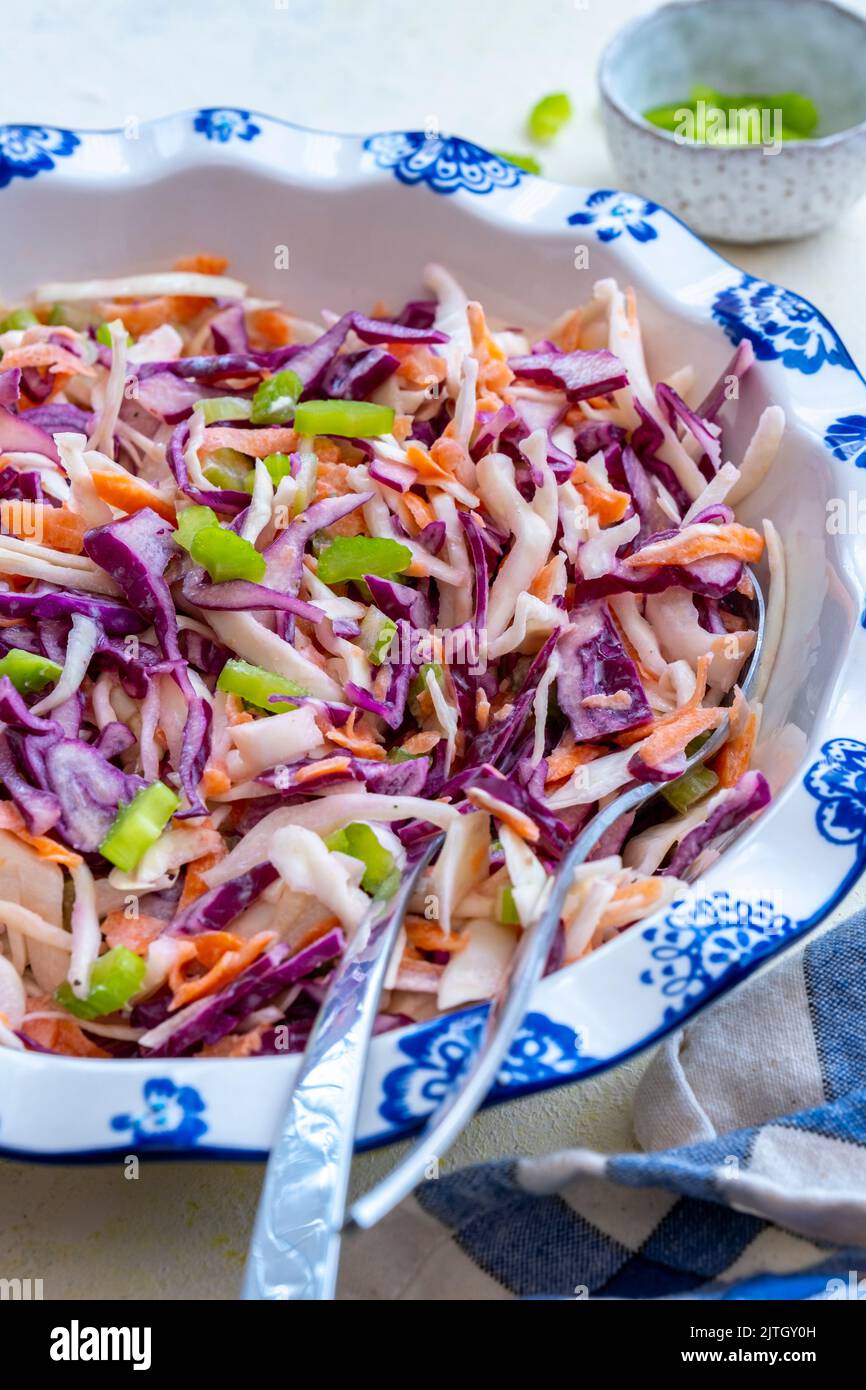 Greek yogurt coleslaw in a white bowl with blue flowers and two spoons inside it photographed from the front and chopped celery on the side. Stock Photo