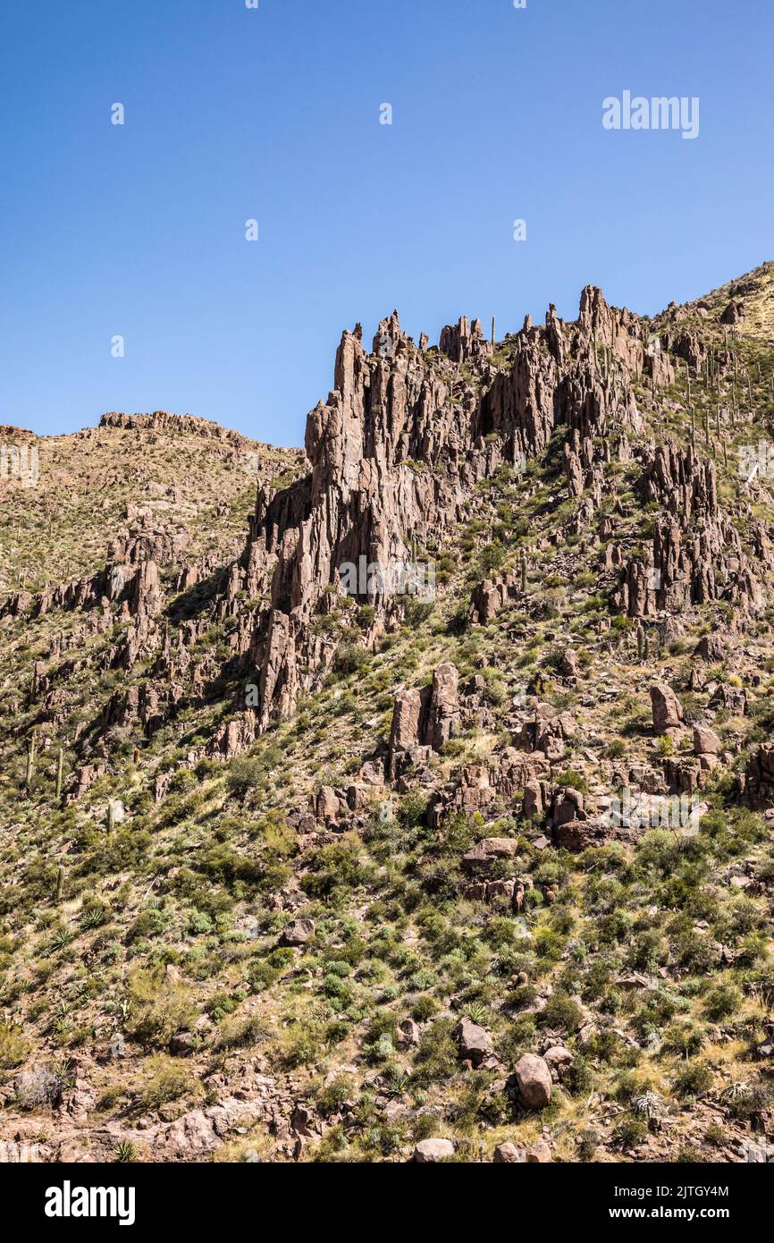 Top primitive trail portion of the Siphon Draw trail, Lost Dutchman State Park, Arizona. Stock Photo