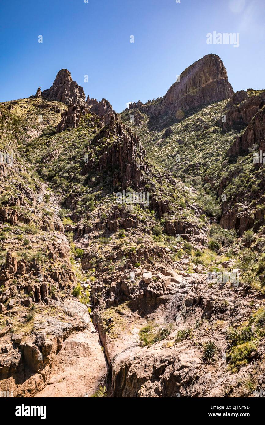 The landscape near the top of the Siphon DRaw trail in Lost Dutchman State Park, Arizona. Stock Photo