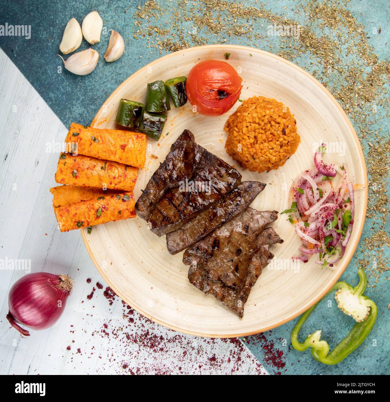 A top view of a delicious meal with roasted beef and cooked vegetables Stock Photo Alamy