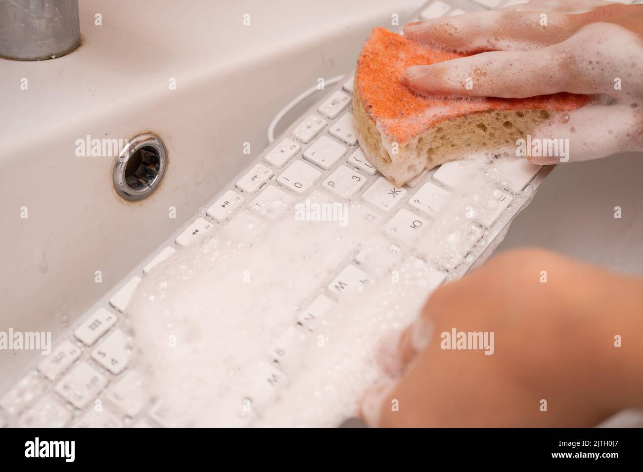 Woman washing white computer keyboard with a sponge with foam Stock ...