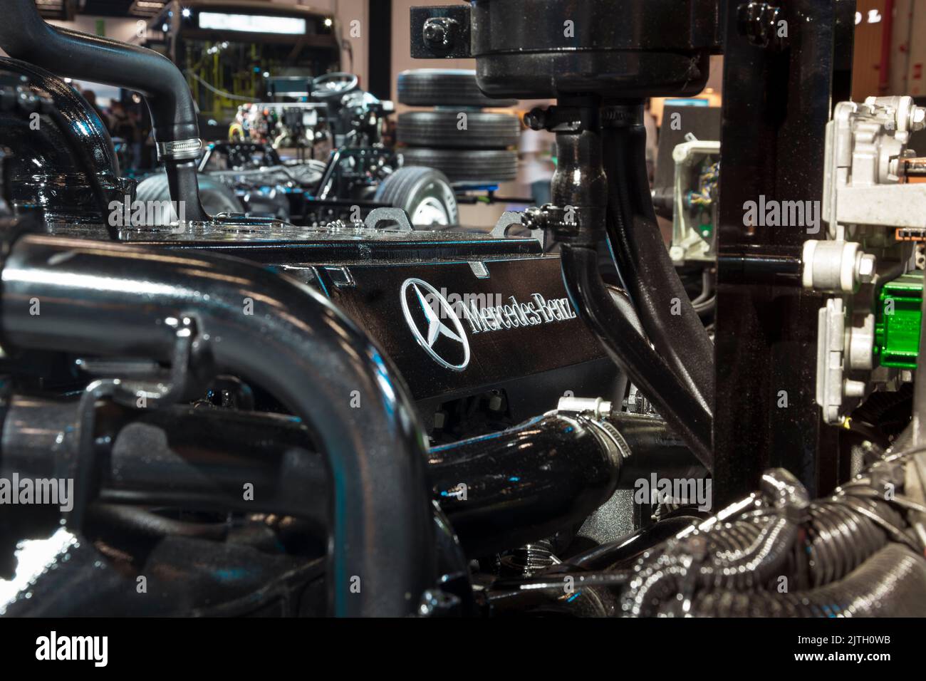 MercedesBenz bus motor, exposed chassis, engine and gears Stock Photo Alamy