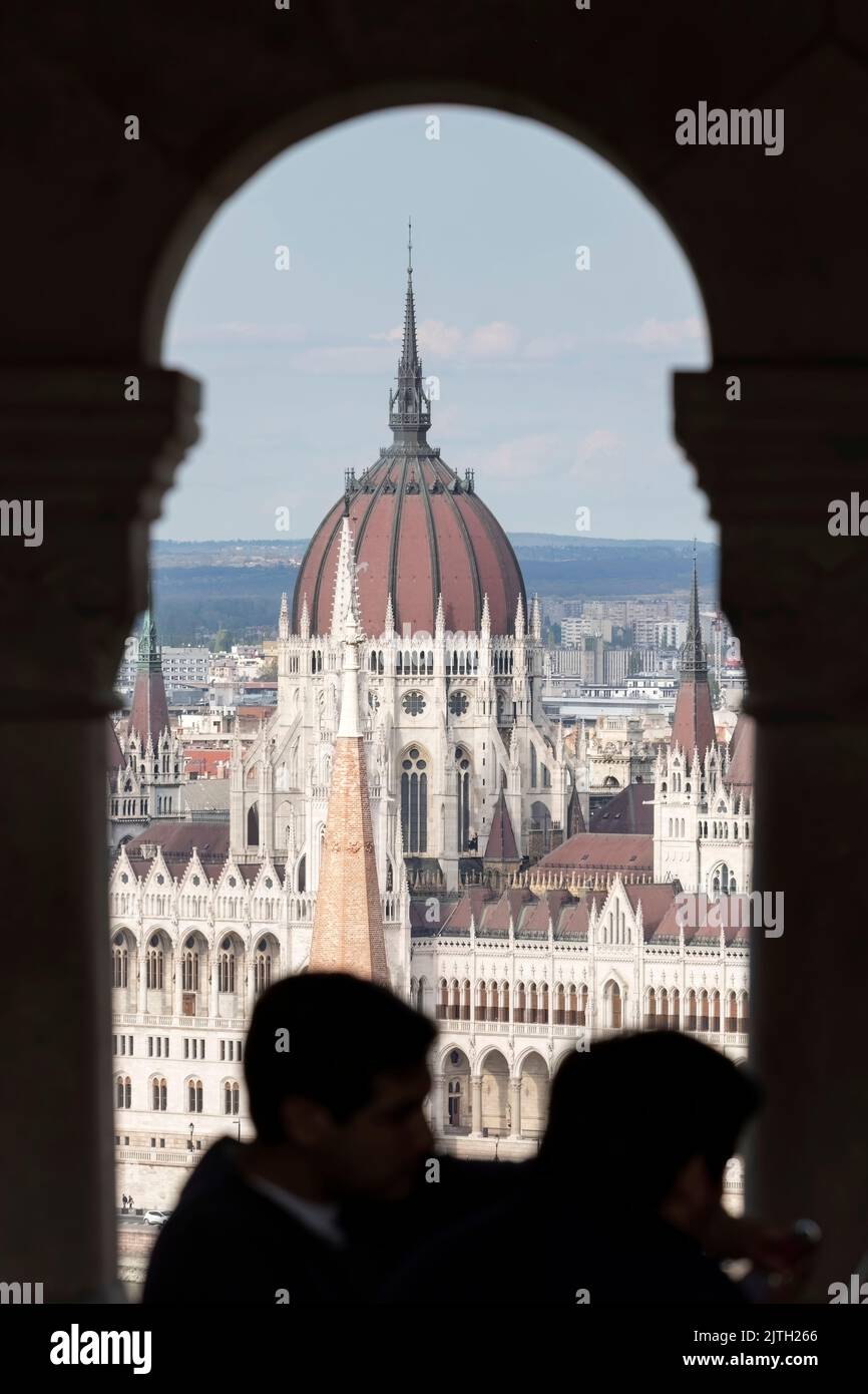 Distant view of Hungarian Parliament building in Budapest on the Danube River. Stock Photo