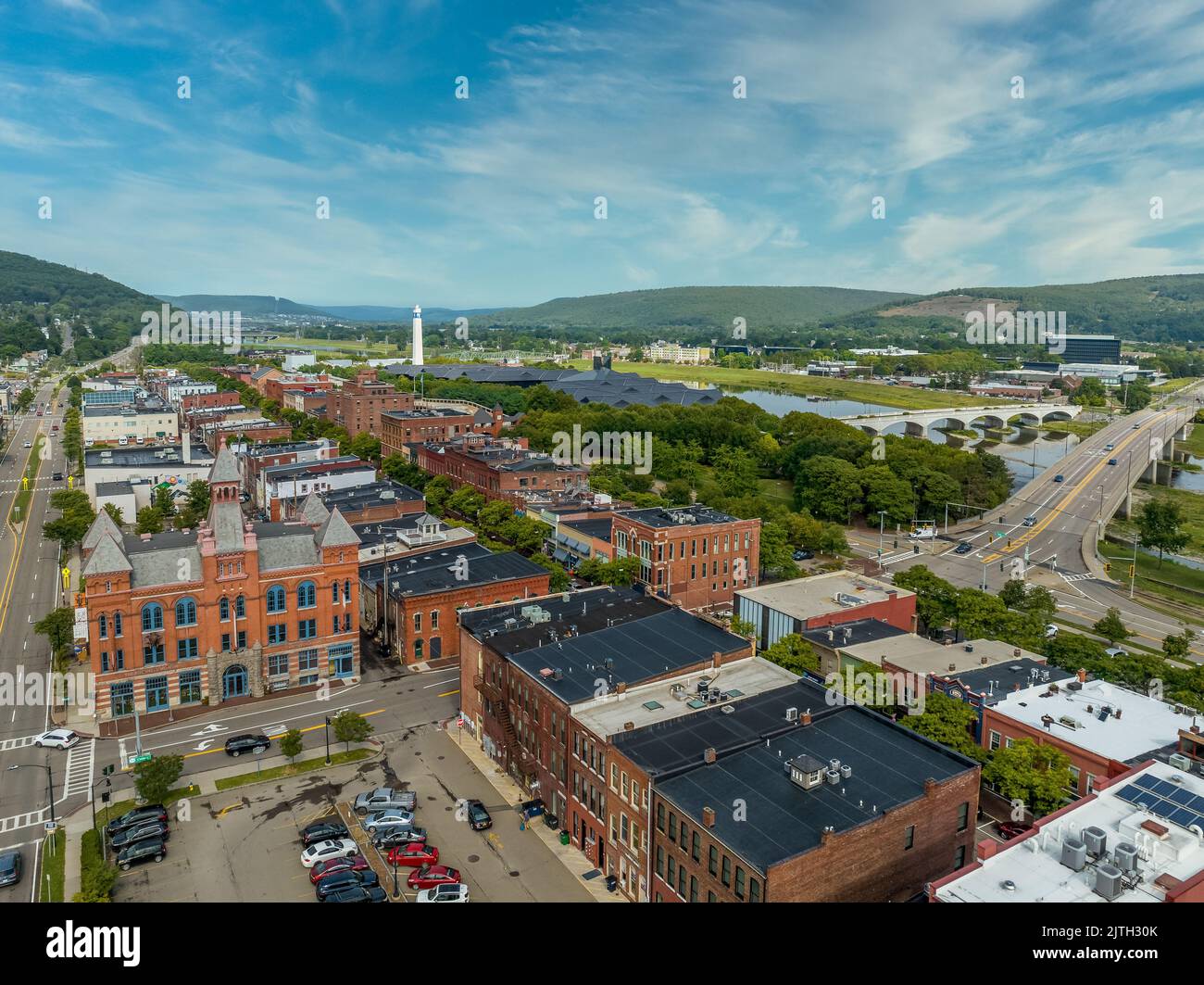 Aerial view of downtown Corning with views of Market street, Rockwell