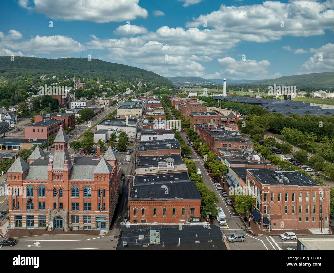 Aerial view of downtown Corning with views of Market street, Rockwell museum, glass factory, Chemung river Stock Photo