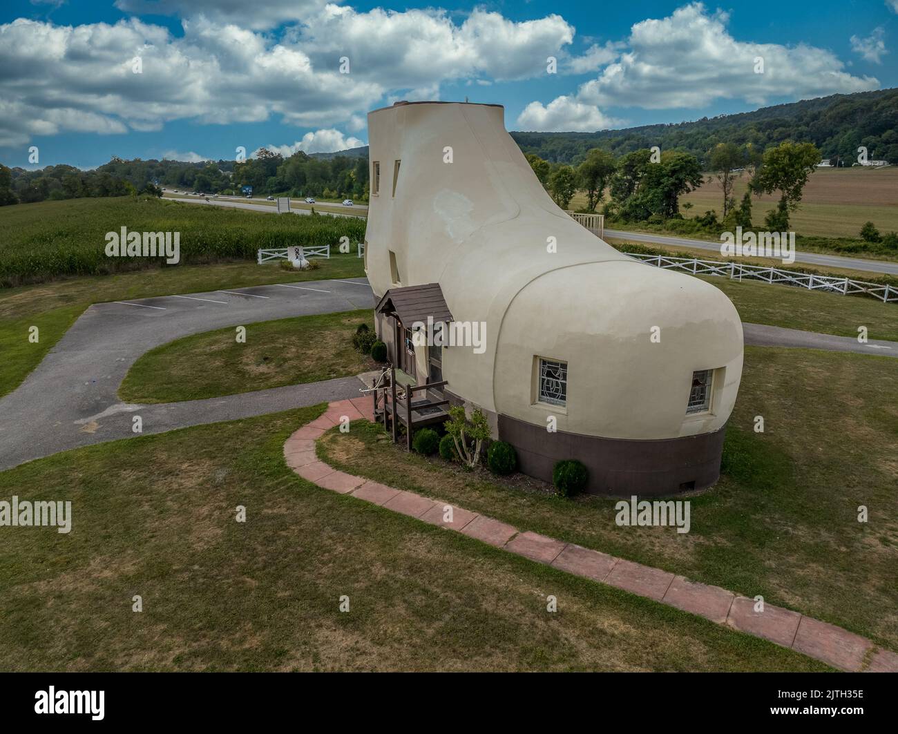 Aerial view of a shoe shaped house in rural Pennsylvania Stock Photo