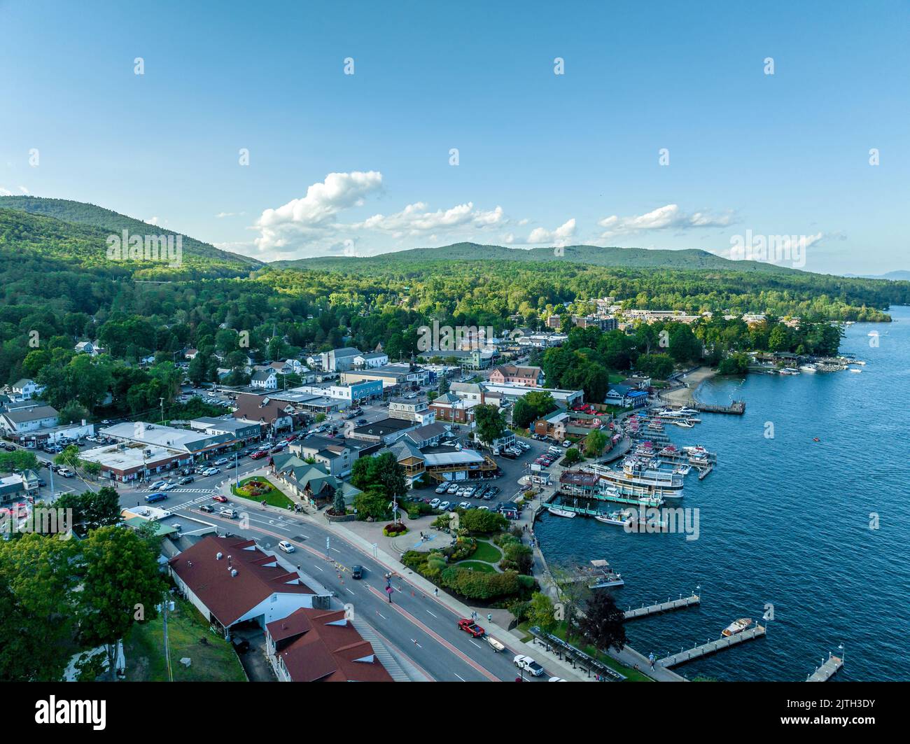 Panoramic aerial view of Lake George New York popular summer vacation destination with colonial wooden fort William Henry Stock Photo