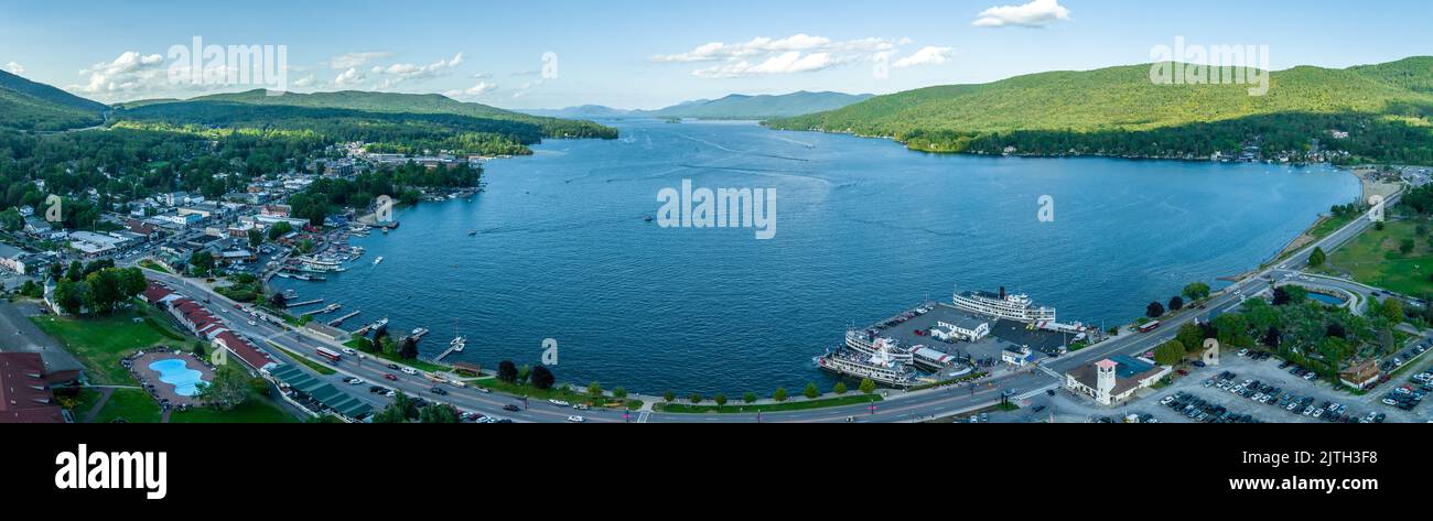 Panoramic aerial view of Lake George New York popular summer vacation destination with colonial wooden fort William Henry Stock Photo