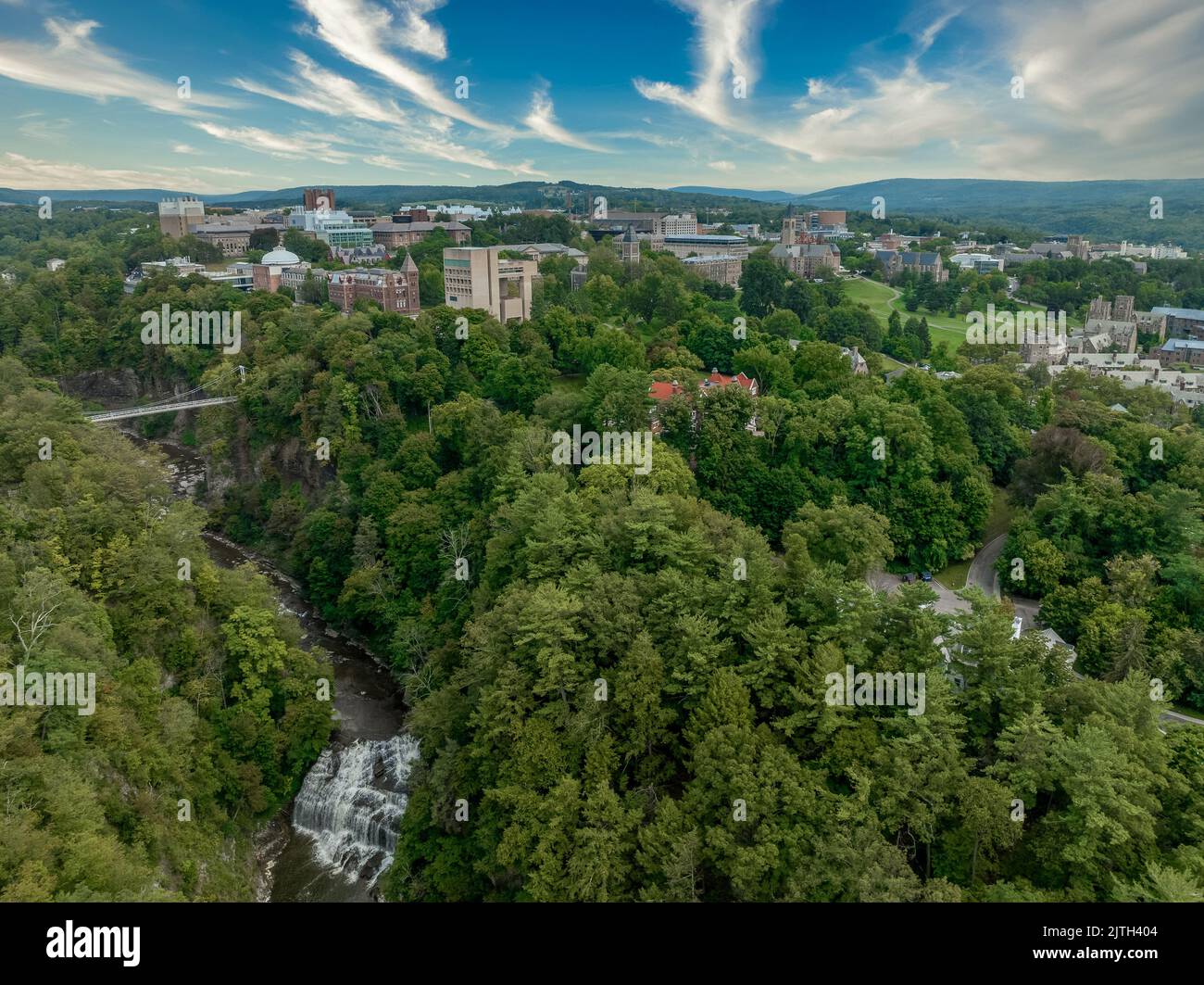 Aerial view of Ithaca Falls home to Ivy League  Cornell University next to the Finger Lakes in New York State Stock Photo