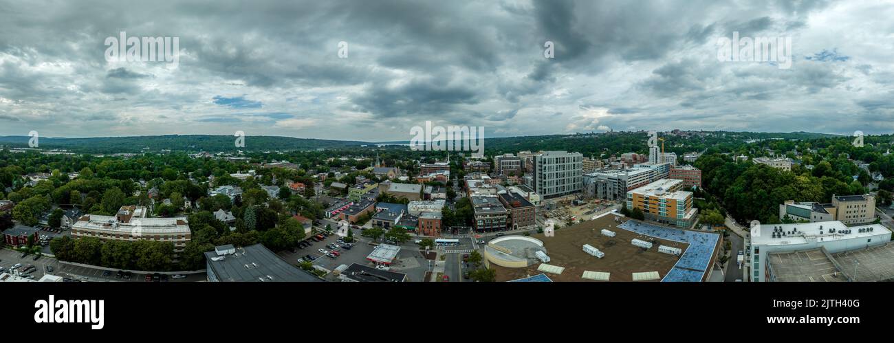 Aerial view of Ithaca Falls home to Ivy League  Cornell University next to the Finger Lakes in New York State Stock Photo