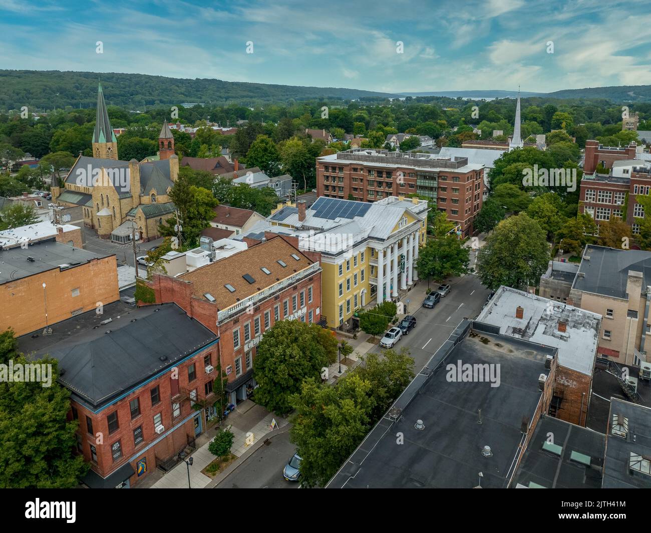 Aerial view of Ithaca Falls home to Ivy League  Cornell University next to the Finger Lakes in New York State, charter school Clinton House Stock Photo