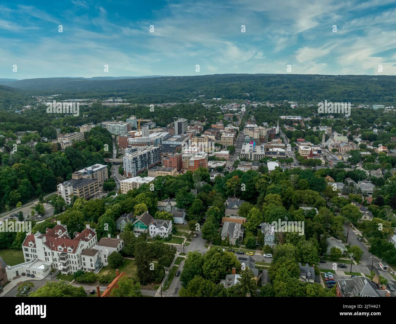 Aerial view of Ithaca Falls home to Ivy League  Cornell University next to the Finger Lakes in New York State Stock Photo