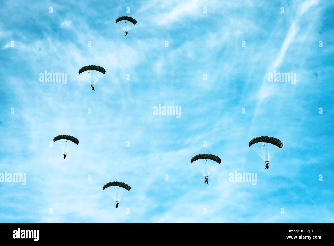 RAF Mildenhall, UK. 23rd Aug, 2022. U.S. Air Force special tactics operators assigned to the 352d Special Operations Wing execute a military free fall jump during open ocean personnel recovery training off the east coast of England, August. 23, 2022. Special tactics is U.S. Special Operations Command's tactical air and ground integration force, and the Air Force's only special operations ground force, leading global access, precision strike and personnel recovery. Credit: U.S. Air Force/ZUMA Press Wire Service/ZUMAPRESS.com/Alamy Live News Stock Photo