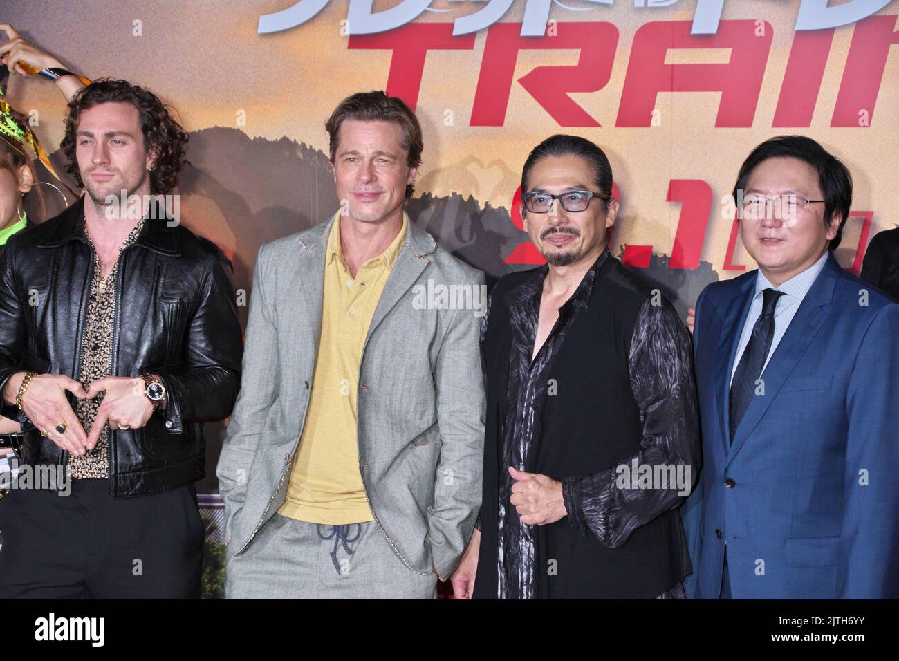 Actors Aaron Taylor-Johnson, Brad Pitt, Hiroyuki Sanada and Masi Oka attend the stage greeting for 'Bullet Train' in Kyoto-Prefecture, Japan on August 23, 2022. Credit: AFLO/Alamy Live News Stock Photo