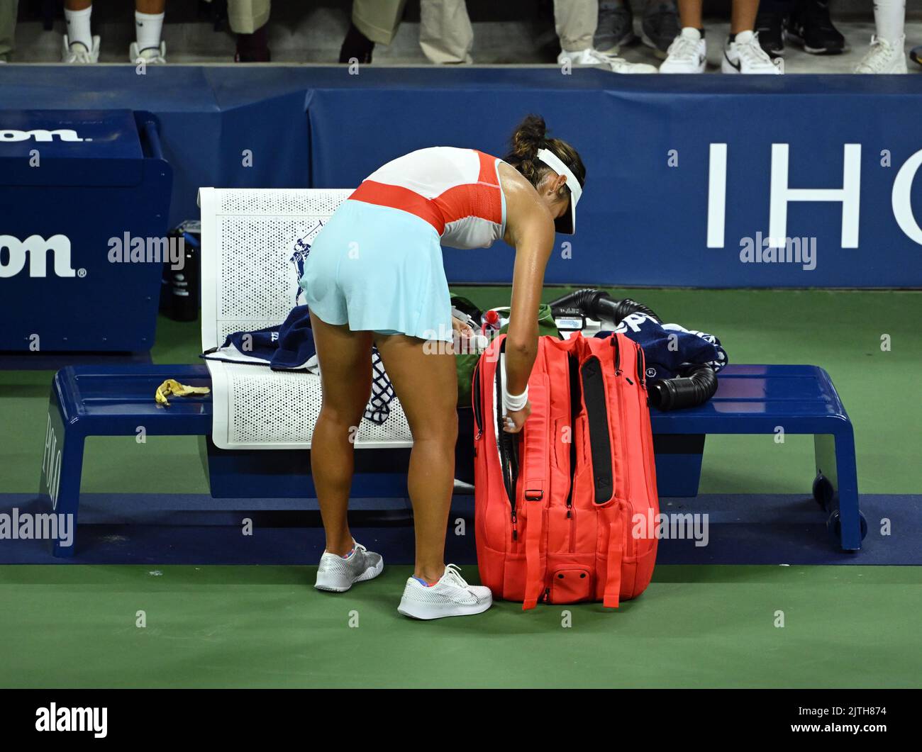Emma Raducanu after defeat to Alize Cornet during day two of the US Open at the USTA Billie Jean King National Tennis Center, New York. Picture date: Tuesday August 30, 2022. Stock Photo
