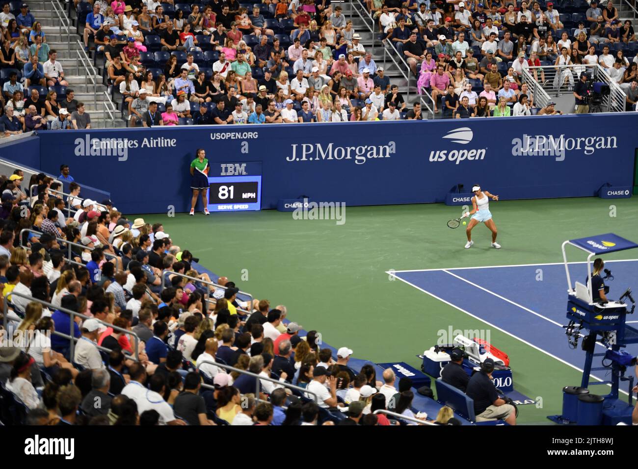 Emma Raducanu in action against Alize Cornet during day two of the US Open at the USTA Billie Jean King National Tennis Center, New York. Picture date: Tuesday August 30, 2022. Stock Photo