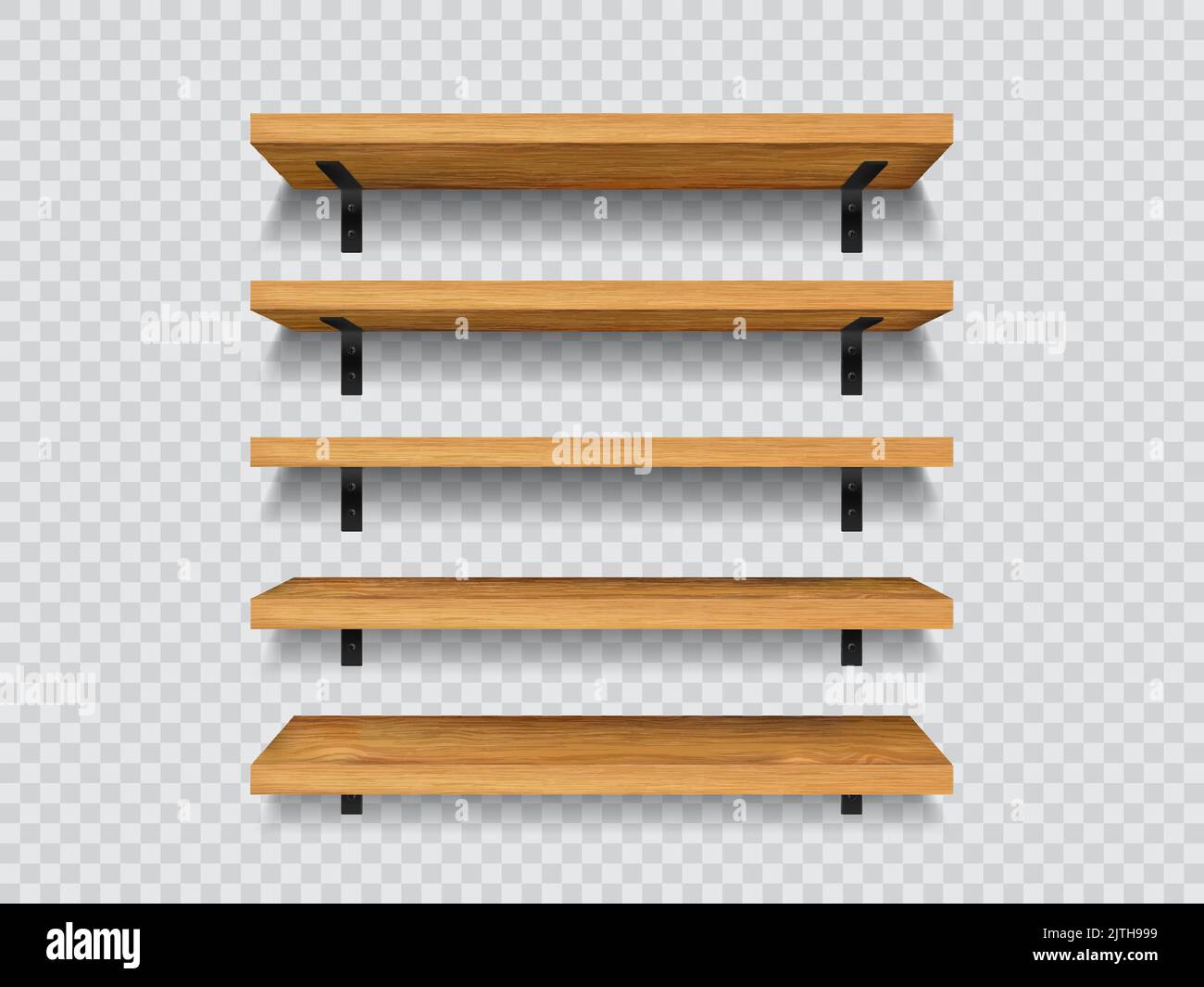 Wooden store shelves, 3d vector empty bookshelves hanging on wall. Brown timber planks for storage or gallery exhibition. Wood rack for food grocery products, books. Realistic stand mockup Stock Vector