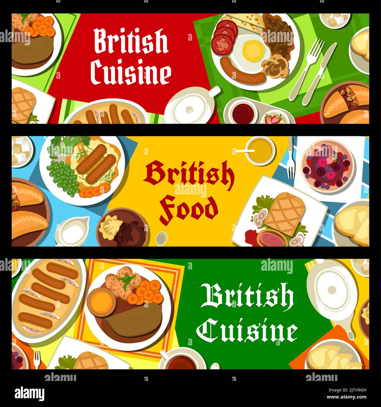 British cuisine restaurant banners. Roast beef with vegetables and mustard, berry and Yorkshire pudding, bangers and mash with onion gravy, English breakfast, meat cornish pasty and beef Wellington Stock Vector