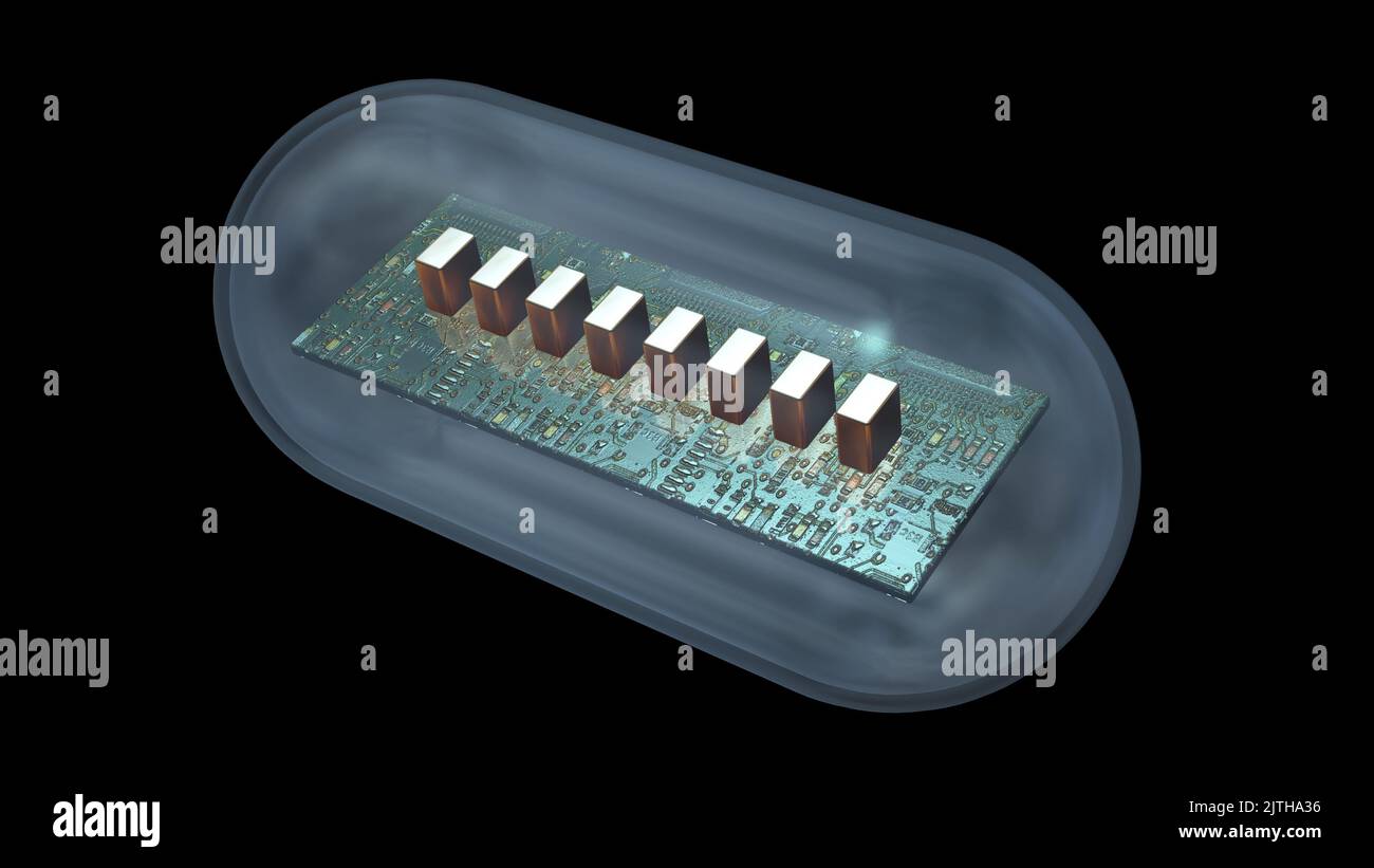 Bioelectronics . Microchip in pill capsule. Electronic components
