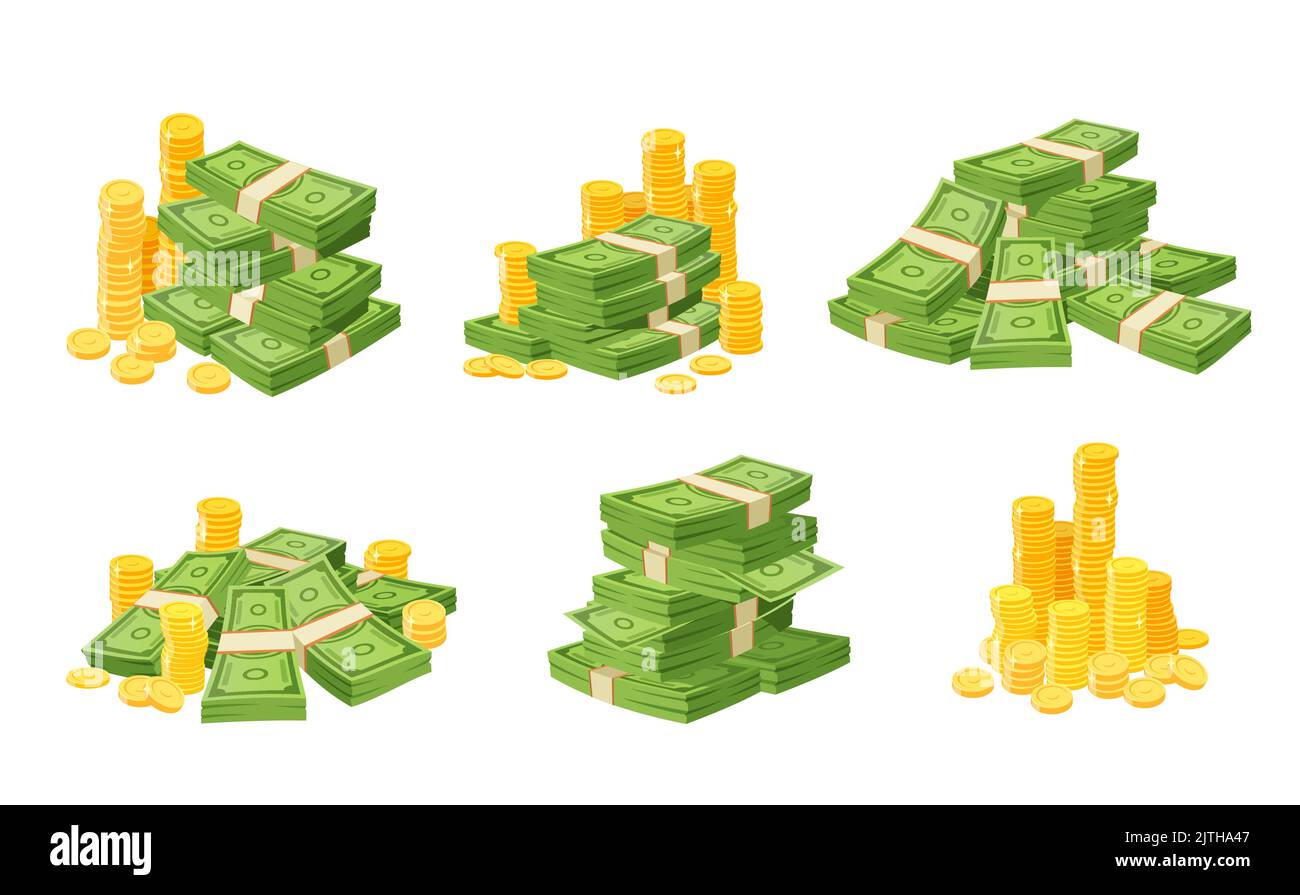 Cartoon money, paper cash banknotes and golden coins, vector dollar ...