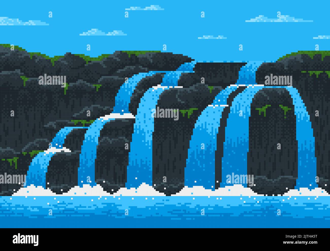 8 bit pixel game waterfall cascade landscape for video arcade level, vector background. 8bit water fall from mountain rock to sea or ocean, island adventure pixel game cartoon waterfall landscape Stock Vector