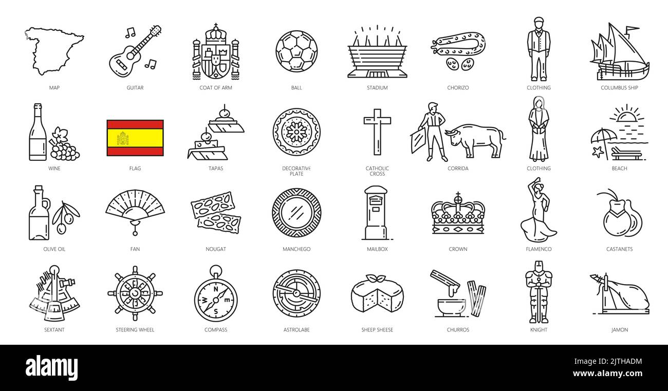 Spain outline icons. European culture and history symbols, Spain food and landmarks vector symbols. Bullfighter, guitar and jamon, stadium, Spain map and flag, wine, Columbus ship and flamenco dancer Stock Vector
