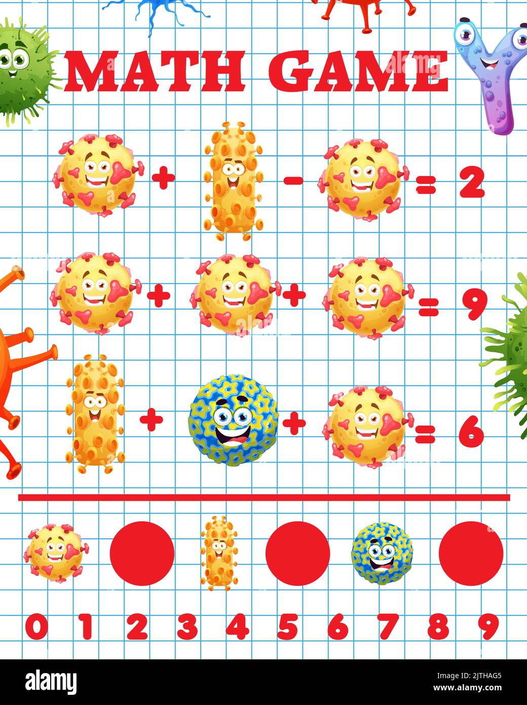 Microbe Math Cartoon virus and microbe characters. Math game worksheet for children ...