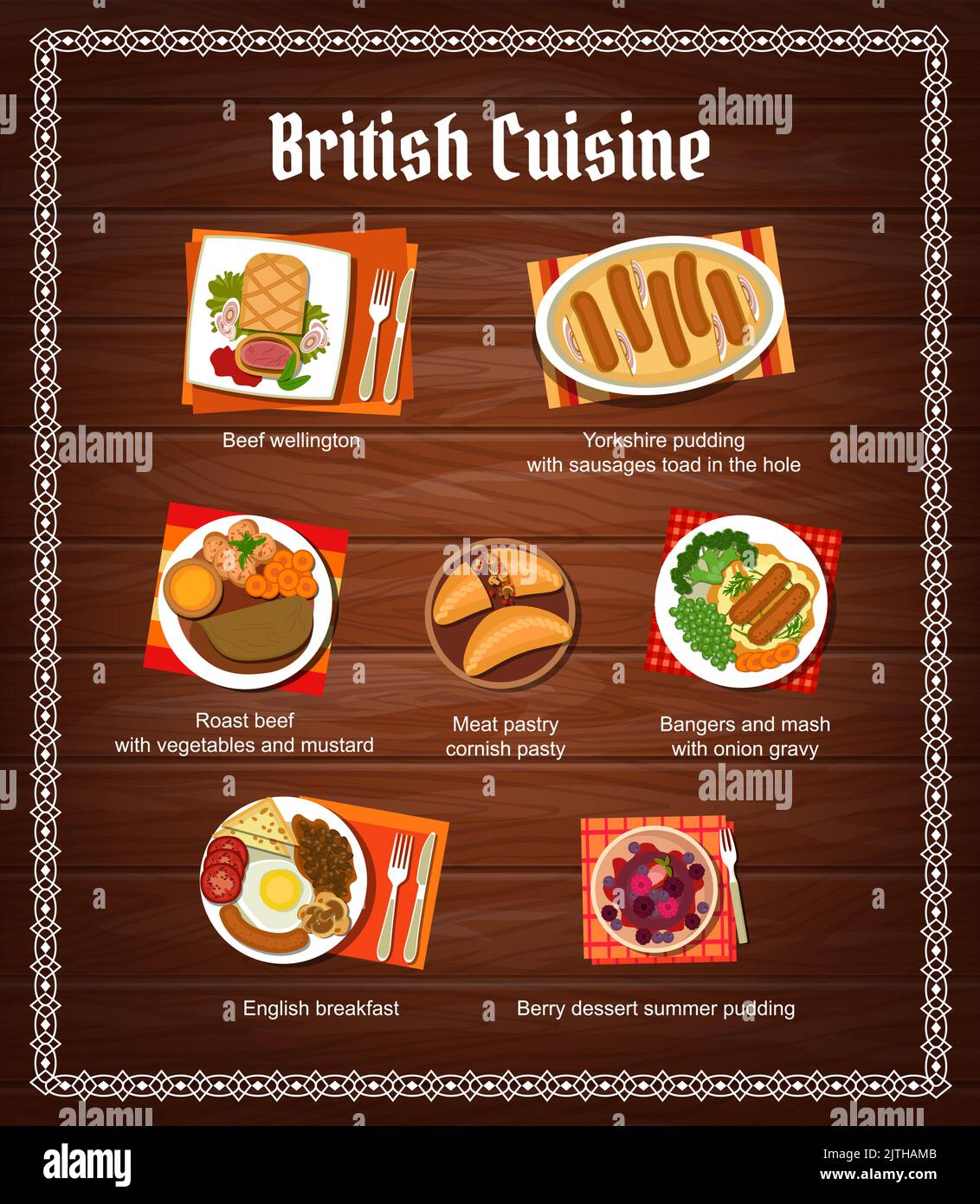 British cuisine menu. Beef Wellington, Yorkshire pudding with sausages and roast beef, meat pastry cornish pasty, bangers and mash with onion gravy, English breakfast, berry dessert summer pudding Stock Vector