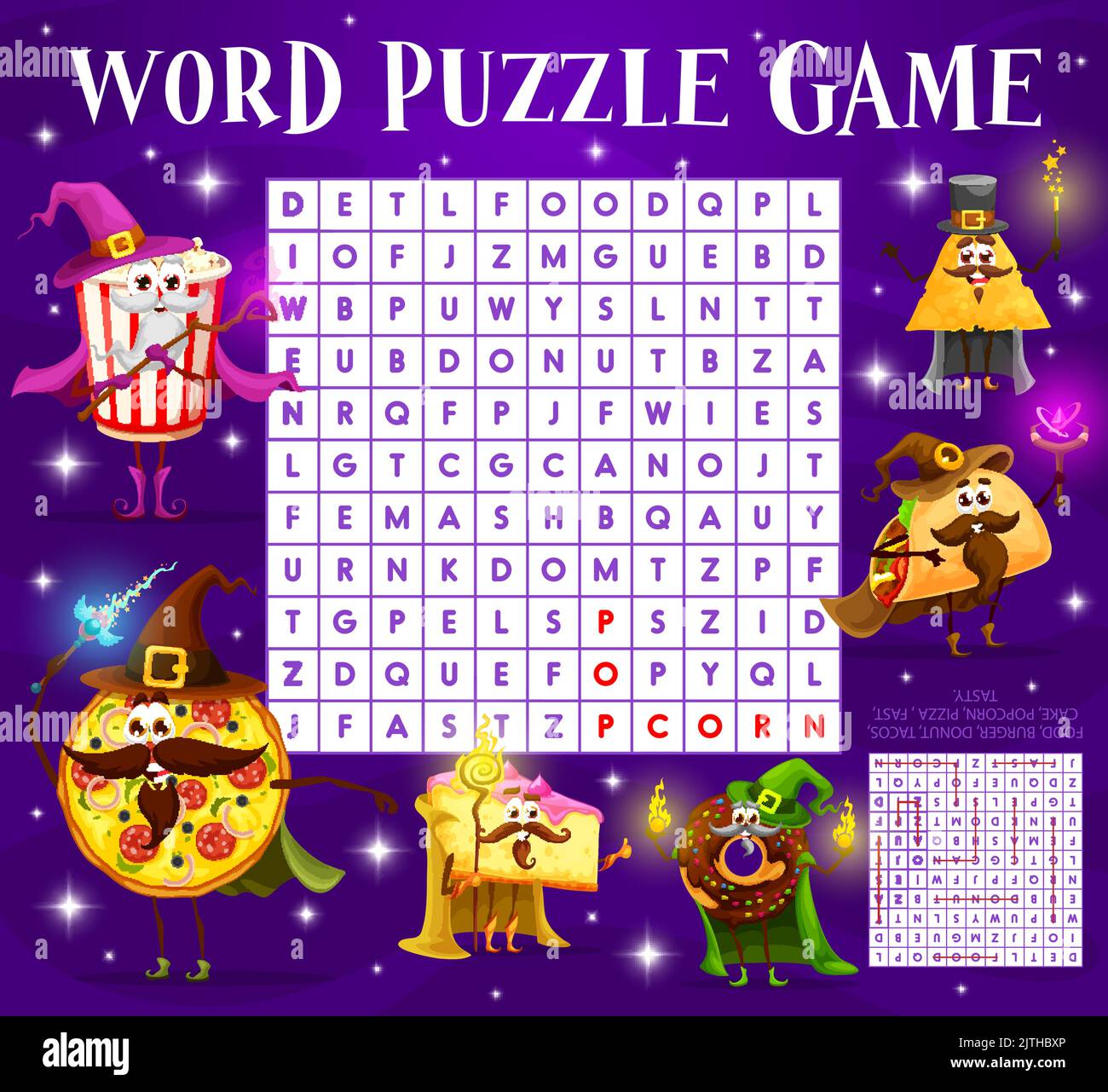 Word search puzzle game quiz of Halloween fast food cartoon wizard and