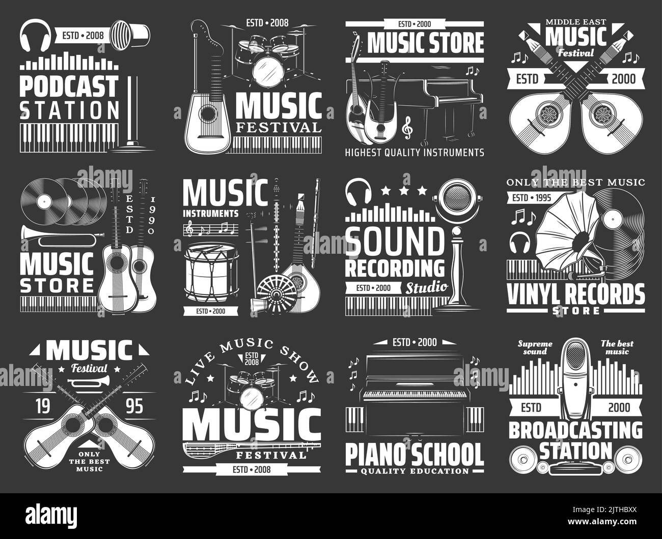 Music instrument, vinyl record and microphone vector icons. Drum, guitar, piano and musical notes, lute, saz and harp guitar, headphone and microphone, recording studio, broadcast, radio station signs Stock Vector