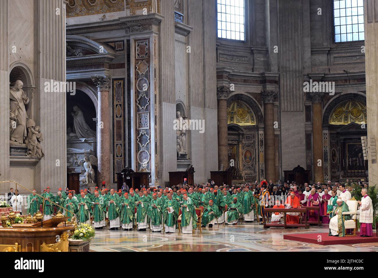St. Peter’s Basilica, Vatican, August 30, 2022. Pope Francis presided over a Mass with the new Cardinals and College of Cardinals in St. Peter’s Basilica, Vatican on August 30, 2022. The celebration followed Saturday's Consistory for the creation of new Cardinals and two days of meetings of all the Cardinals to discuss Praedicate Evangelium, the new Apostolic Constitution of the Roman Curia. Photo by Eric Vandeville/ABACAPRESS.COM Stock Photo