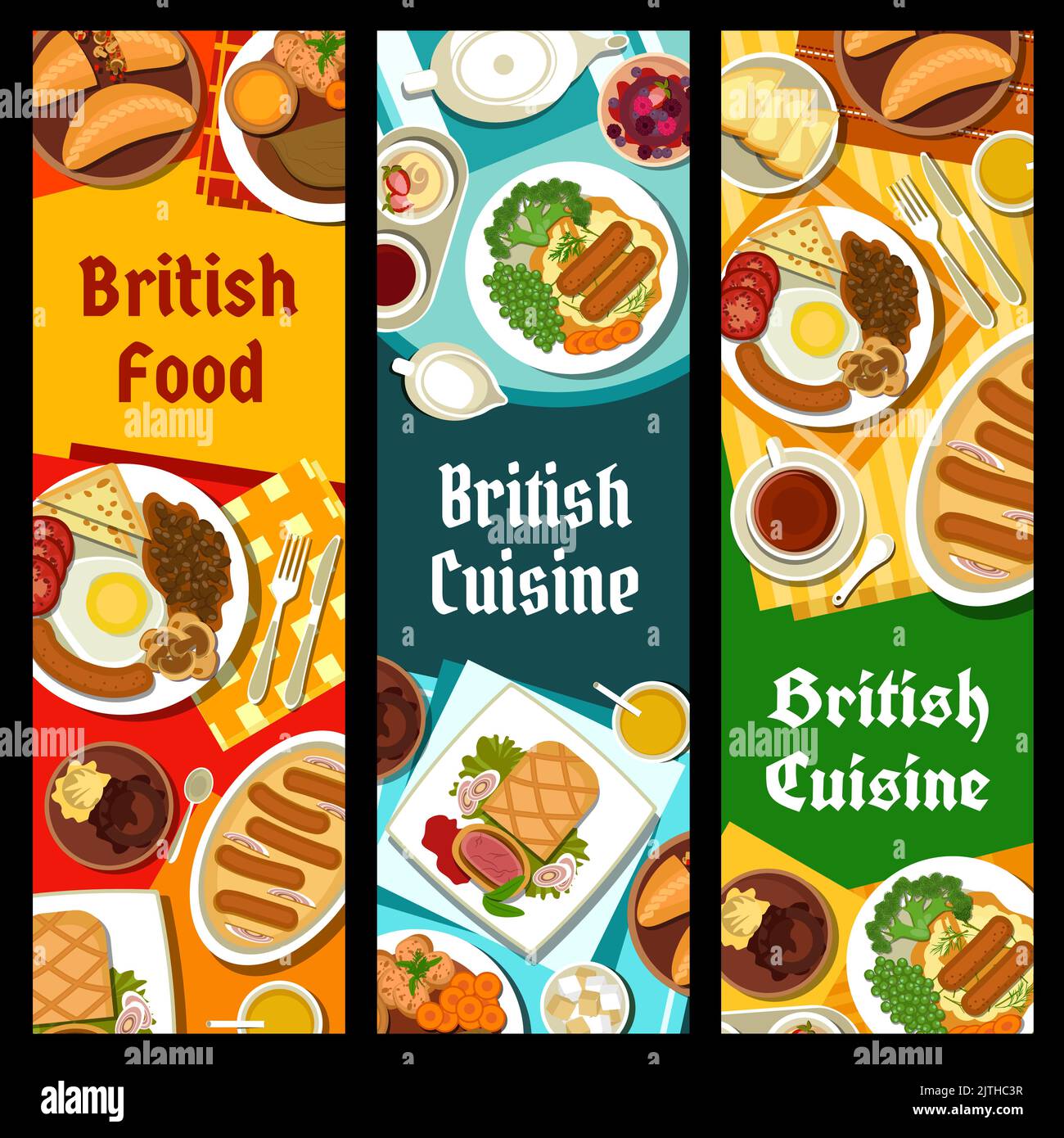 British cuisine banners. Beef Wellington, Yorkshire pudding with sausages and berry dessert pudding, cornish pasty, roast beef with vegetables and bangers, mash with onion gravy, English breakfast Stock Vector
