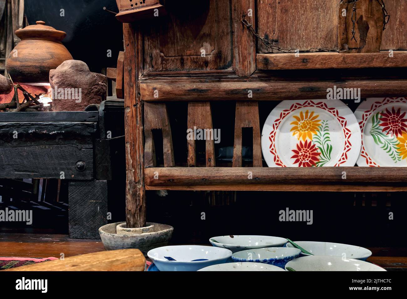 Variety and types of utensils for simple cooking of Asian families in