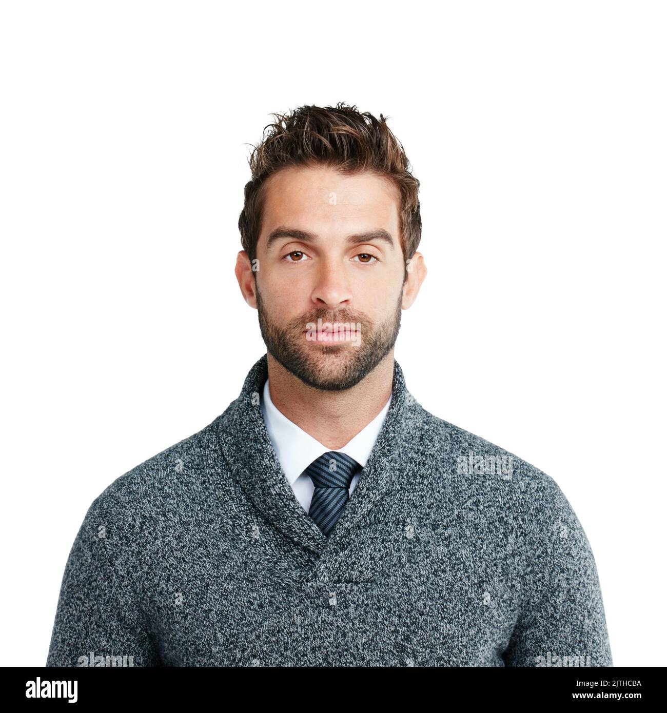 Hes a no-nonsense guy. Studio portrait of a businessman looking serious against a white background. Stock Photo