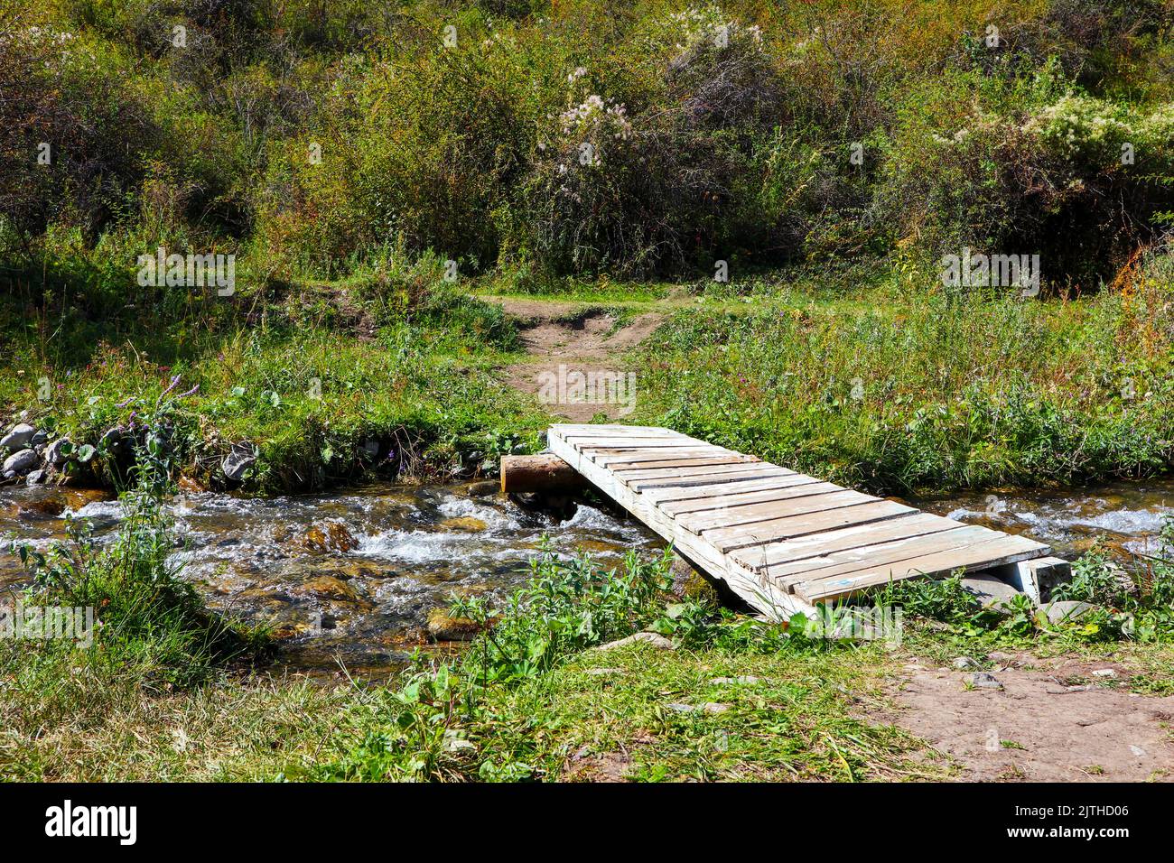 wooden bridges across a narrow river . rustic landscape Stock Photo