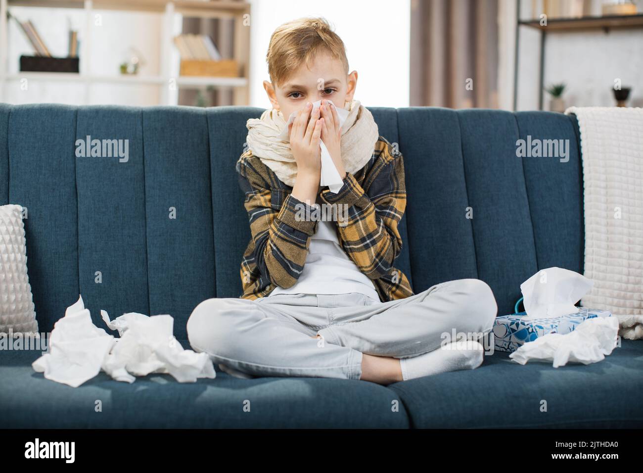 Coronavirus, pneumonia and flu concept. Front view of sick exhausted