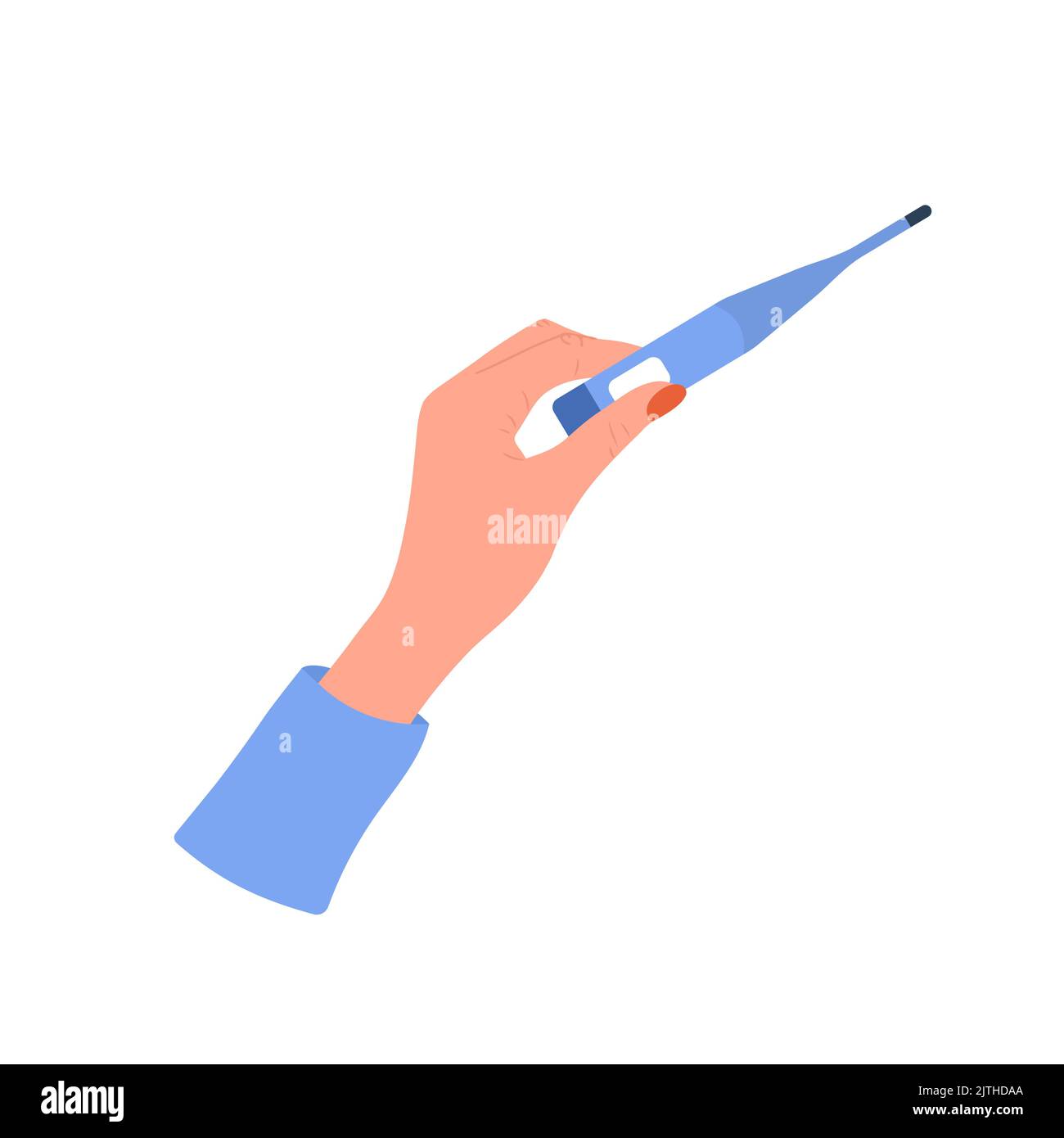 Female hand holding thermometer. Healthcare concept. Vector illustration in flat cartoon style. Cold and flu treatment. Woman takes her temperature Stock Vector
