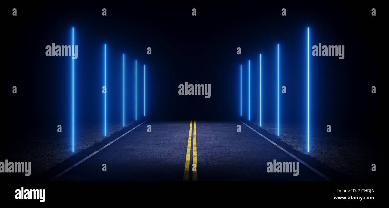 Sci Fi Futuristic Asphalt Neon Glowing Blue Lines Road Two Lanes Dark Night Showroom Studio Empty Car Realistic Cyber 3D Rendering illustration Stock Photo